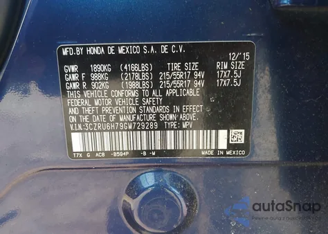 2016 Honda Hr-V Ex-L from USA, damaged, VIN 3CZRU6H79GM729289